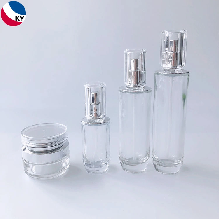 Luxury Round Bottom 30g 50g 30ml 50ml 100ml Cream Jar Clear Glass Pump Bottle with Silver Pump Acrylic Cap