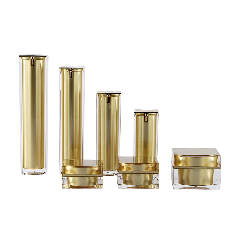 Gold Color 15g 30g 50g Empty Plastic Square Acrylic Jar and 30ml 50ml 100ml Airless Cream Pump Cosmetic Bottles